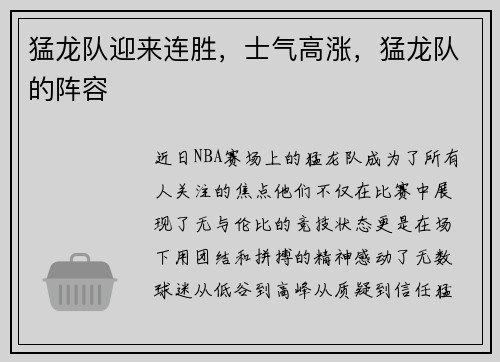 猛龙队迎来连胜，士气高涨，猛龙队的阵容
