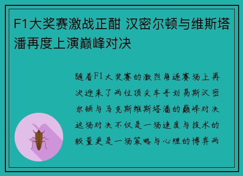 F1大奖赛激战正酣 汉密尔顿与维斯塔潘再度上演巅峰对决