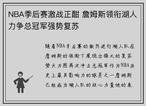 NBA季后赛激战正酣 詹姆斯领衔湖人力争总冠军强势复苏