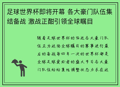 足球世界杯即将开幕 各大豪门队伍集结备战 激战正酣引领全球瞩目