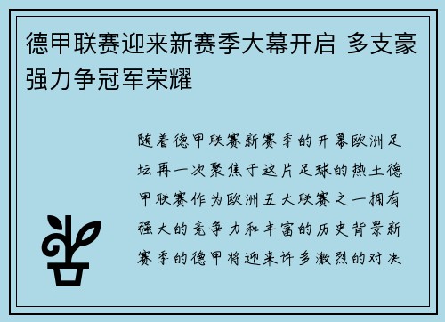 德甲联赛迎来新赛季大幕开启 多支豪强力争冠军荣耀