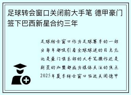 足球转会窗口关闭前大手笔 德甲豪门签下巴西新星合约三年