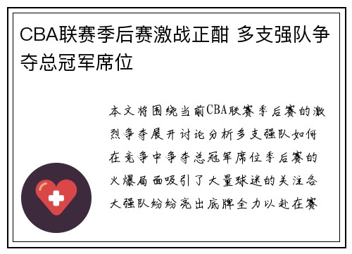 CBA联赛季后赛激战正酣 多支强队争夺总冠军席位